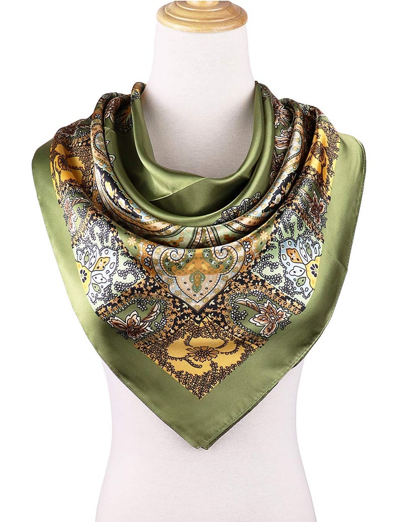 vabovin Silk Feeling Scarf Large Square Satin Head Scarf for Women 35 Ã— 35 inches (Olive Green Cashew) - Image 4